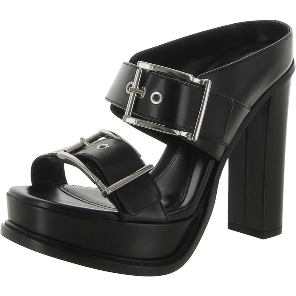 Alexander McQueen Black Leather Platform Buckle Mules